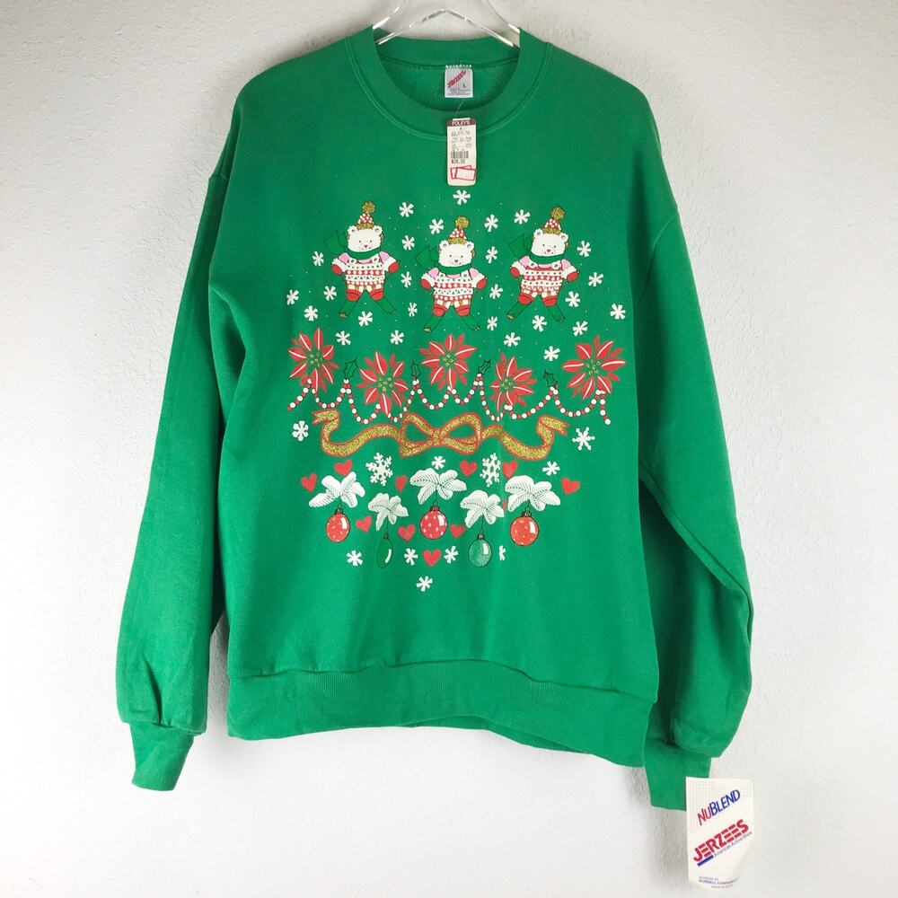 NWT Vintage Skiing Bear Christmas Holiday Ornament Holly USA Made Sweatshirt L
